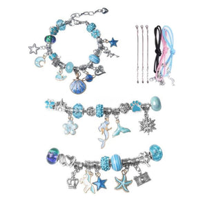 Kids bracelet-making kit with blue-themed charms and adjustable chains for creative DIY jewelry