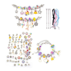 Kids bracelet-making kit with colorful beads, charms, and adjustable cords for creative DIY jewelry making.