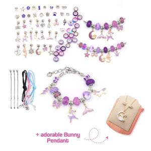 Kids bracelet-making kit with purple beads, charms, bunny pendant, and snake chains for creative jewelry crafting