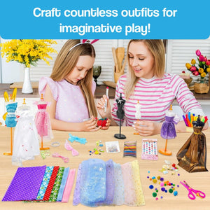Kids using DIY Fashion Design Studio Kit with fabrics and accessories for imaginative outfit crafting