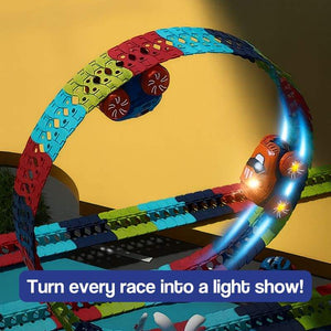 LED light-up cars racing on flexible, colorful anti-gravity track with loops and stunts for kids aged 3 and up