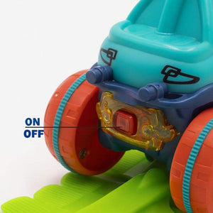 Close-up of LED-powered racing car with on/off switch on anti-gravity race track toy wheels