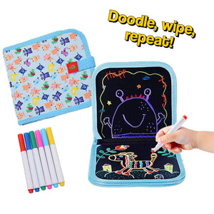 MagicWipe reusable mess-free drawing book with colorful pens, kid-friendly design, and wipe-clean blackboard pages for endless creativity.
