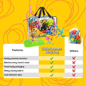 Clear bag filled with colorful screen-free busy bag toys for kids ages 3-8, including animals, beads, and sensory play items