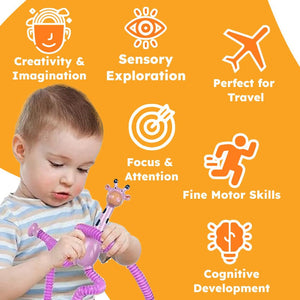 Toddler playing with a purple giraffe toy from the screen-free busy bag promoting creativity, sensory exploration, travel readiness, focus, motor skills, and cognitive development.