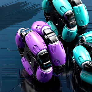 Close-up of purple and teal six-wheeled gesture sensing remote control water tank car toy wheels on dark surface