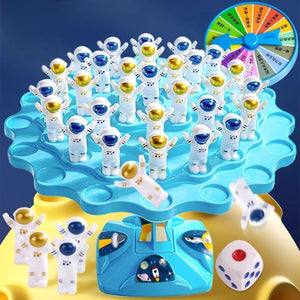 Balance Astronaut Stacking Game with plastic astronauts, dice, and spinner for kids' brain-boosting play and family fun.
