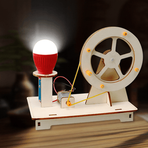 Hand-cranked generator educational toy kit with wooden parts powering a glowing LED bulb for STEM learning and science experiments
