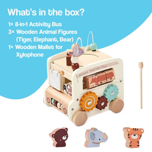 Wooden Montessori Busy Bus with 8 activities, animal figures, xylophone mallet, natural wood construction, and colorful gears.
