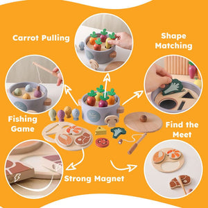 Little Chef Montessori healthy cooking set with wooden veggies, protein pieces, utensils, and educational games for ages 2-6.