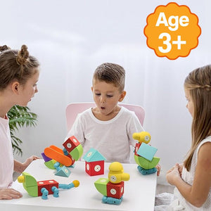 Children playing with ClickBlox soft magnetic STEM building blocks toy set, safe for ages 3 and up