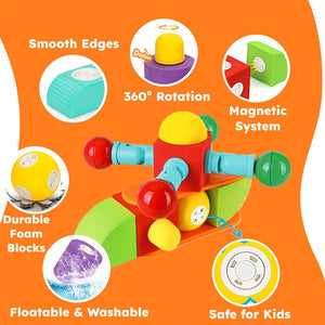 Colorful soft magnetic STEM building blocks with smooth edges, 360° rotation, durable foam, floatable and washable design, safe for kids.