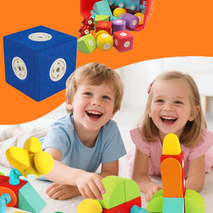 Children playing with colorful soft magnetic STEM building blocks designed for safe, creative play.