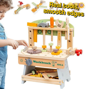 Daddy's Buddy STEM Wooden Workbench with real wooden tools and smooth edges for kids aged 3+, promoting hands-on STEM learning and imaginative play.