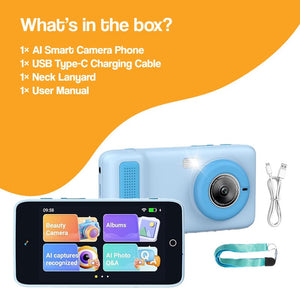 ChatGPT powered smartphone for kids with AI smart camera, USB charging cable, neck lanyard, and user manual in blue color