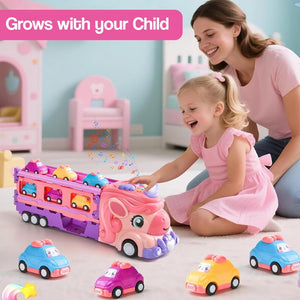 Unicorn Express dual racing truck toy with colorful mini cars and music, designed for kids ages 3+