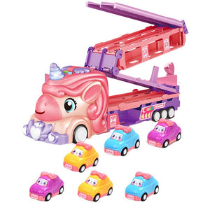 Unicorn Express dual racing truck toy with 8 colorful mini cars and foldable track for kids ages 3+