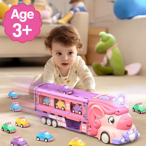 Unicorn Express dual racing truck toy with 8 colorful mini cars, music, lights, and foldable racetrack for kids aged 3+