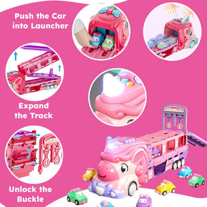 Unicorn Express dual racing truck toy with launcher, foldable pink unicorn track, and colorful mini cars for kids ages 3+