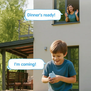 Child using Face-to-Face Video Walkie Talkie outdoors with adult communicating from window, safe screen-free connection for kids