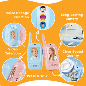 Face-to-Face Video Walkie Talkie set for kids with video intercom, voice change function, clear sound, and long-lasting battery in blue and pink colors