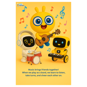 Boolby's Big Music Secret ebook cover with colorful animated characters playing musical instruments and smiling on a yellow background