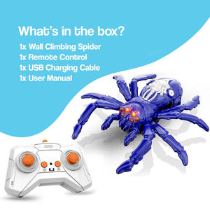 2-in-1 climbing and crawling RC spider toy with remote control and light-up eyes on wall and floor
