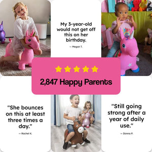 My First Bouncy Pet toddler toy made of thick burst-resistant PVC with easy-grip handles for indoor and outdoor bouncing fun