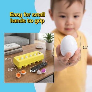 Montessori shape and color matching eggs toy for toddlers with 12 colorful, self-correcting matching pairs in a reusable carton