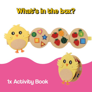 Montessori Felt Activity Book with 8 interactive felt pages for toddlers ages 1-4, screen-free learning toy with snap-on pieces and portable design.