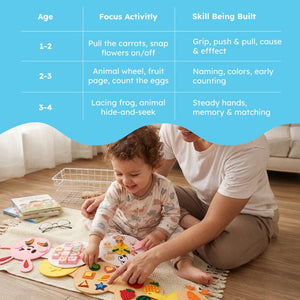 Montessori Felt Activity Book with 8 interactive felt pages for toddlers aged 1-4, screen-free learning and foldable design