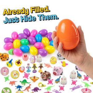 Colorful pre-filled Easter eggs with toys for candy-free Easter hunts, suitable for ages 3 and up.