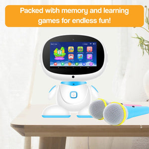 AI-powered STEM learning robot with interactive screen and microphones for educational games and fun activities