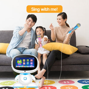 Family enjoying karaoke with AI-powered STEM learning robot on playroom floor