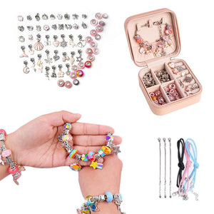 Kids Bracelet-Making Kit with colorful beads, charms, snake chains, and storage box for creative DIY jewelry crafting