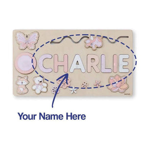 Customizable Montessori wooden name puzzle board with pastel letters and animal shapes for children’s learning and development