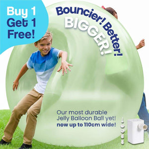 Kids playing with large green Giant Jelly Balloon Ball outdoor inflatable toy with pump and accessories