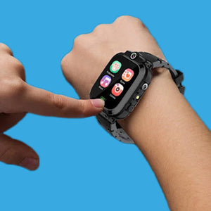 Kids multi-purpose smartwatch with touchscreen and colorful app icons against blue background