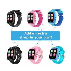 Kids Multi-purpose Smartwatch in black, pink, and blue with extra interchangeable straps for kids aged 7+ featuring games, music, and fitness tracking.