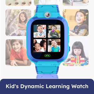 Kids multi-purpose smartwatch with camera and interactive learning features in blue and turquoise colors
