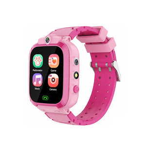 Pink kids multi-purpose smartwatch with pedometer, games, music, and camera features, designed for ages 7 and up.