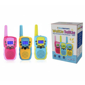 Kids Walkie Talkie 3-piece set in pink, blue, and yellow with packaging box for ages 4+