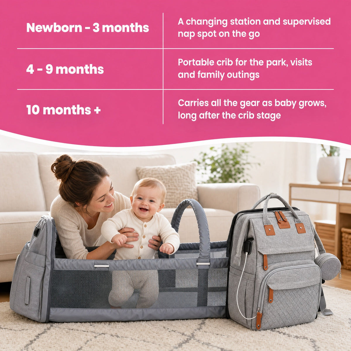 2-in-1 Baby Travel Bed & Diaper Bag Backpack (view 9)
