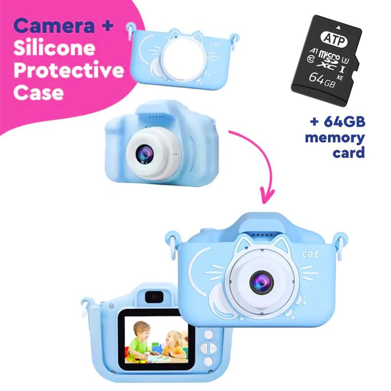 LittleLens Kids Camera with blue cat silicone protective case and 64GB memory card