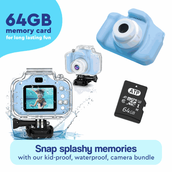 LittleLens Kids Camera waterproof bundle with 64GB memory card and protective case for outdoor splashy fun