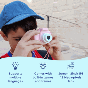 Child using pink LittleLens Kids Camera with 2-inch IPS screen and 12MP lens, featuring built-in games and multi-language support