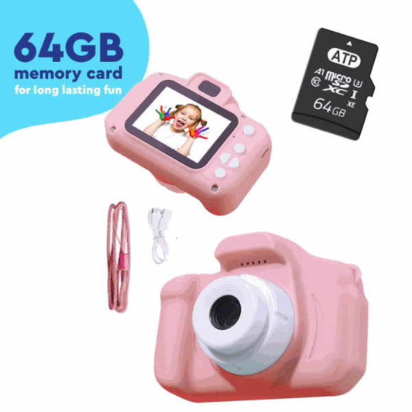 LittleLens Kids Camera in pink with 64GB memory card, USB cable, and lanyard for children aged 3 and above