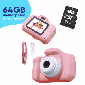 LittleLens Kids Camera in pink with 64GB memory card, USB cable, and lanyard for children aged 3 and above