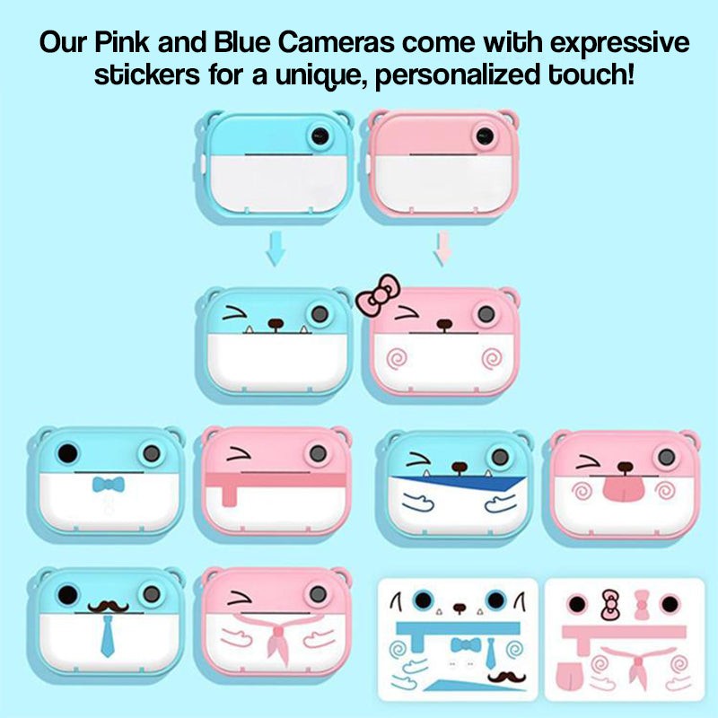 Kids instant print camera with customizable pink and blue designs and expressive stickers for personalization