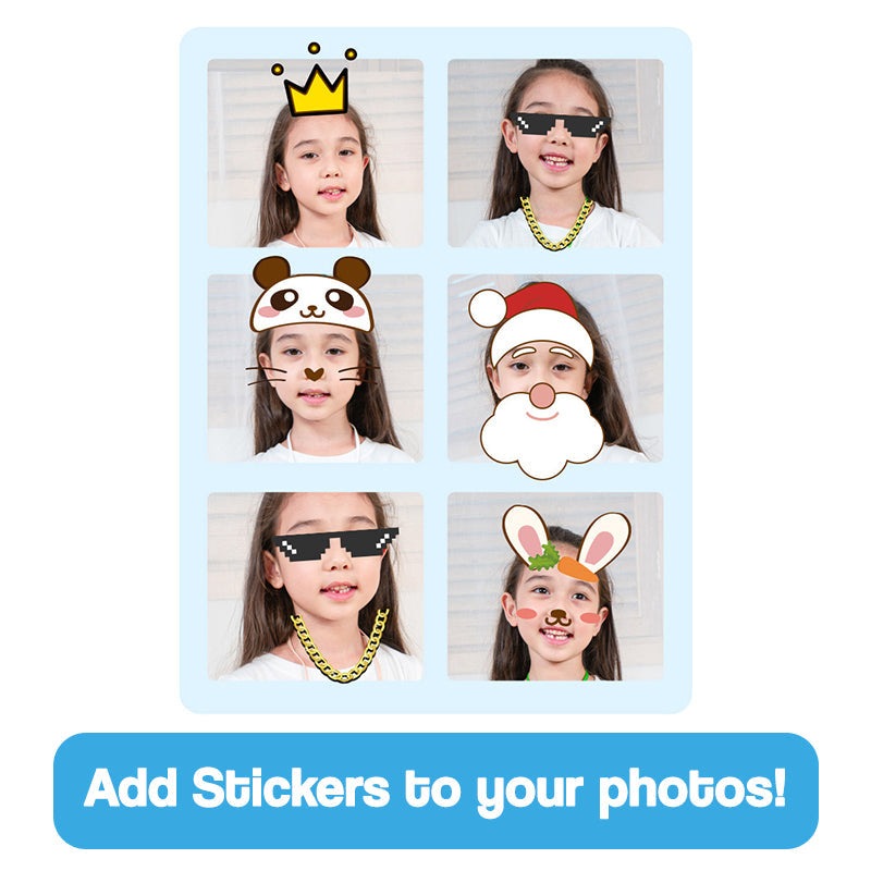 Kids instant print camera photos with fun Christmas and animal stickers for creative photo decoration